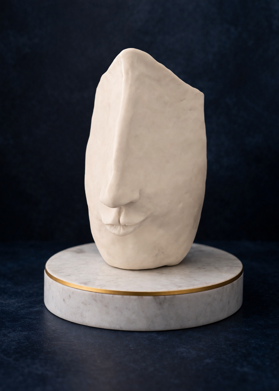 Porcelain sculpture of a face on a dark background