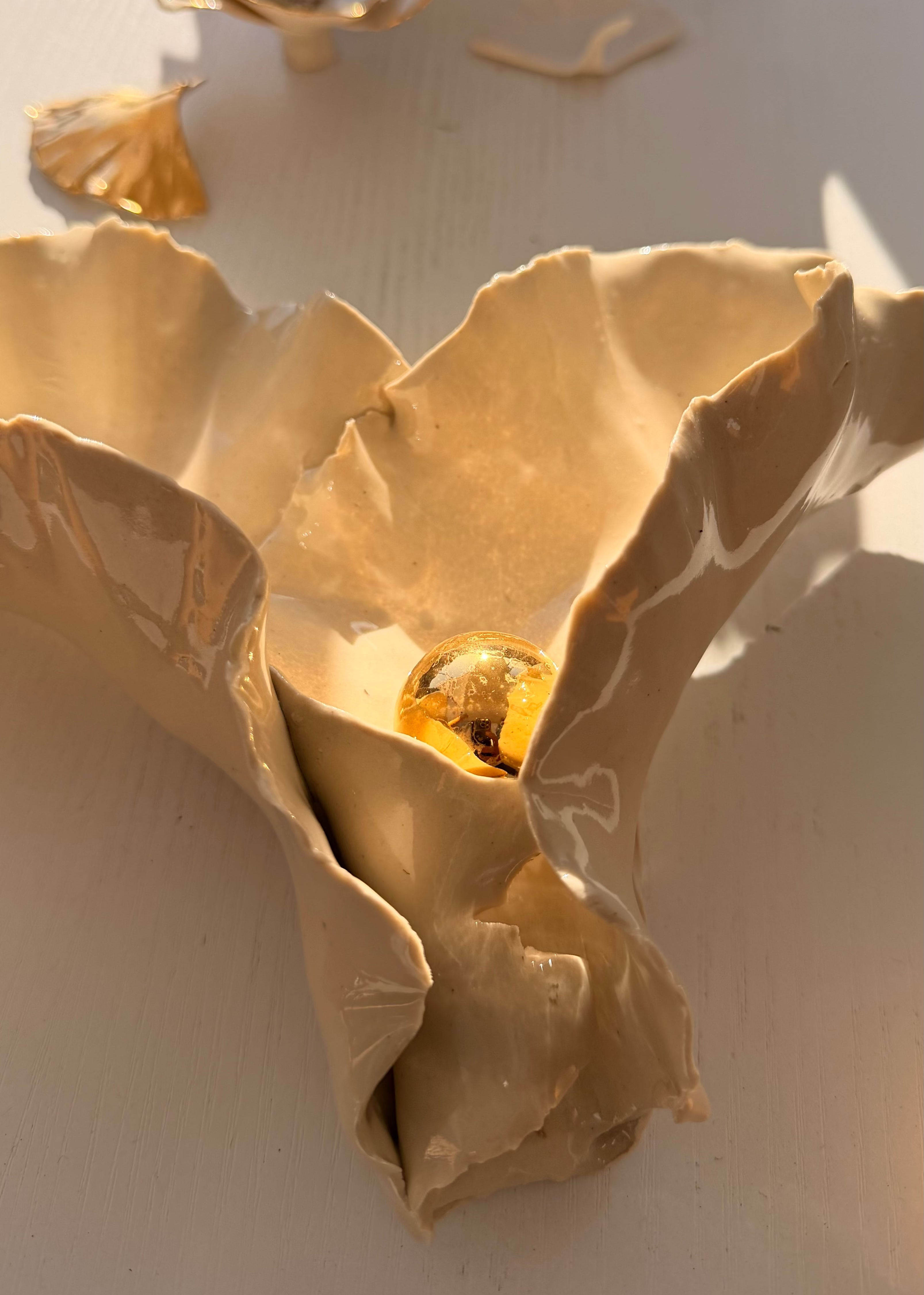 Close-up of a golden sphere in an open shell on a light background