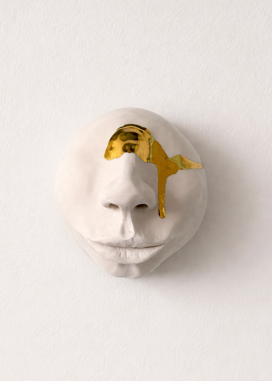 White wall art  (porcelain face) with gold accents on a plain white background